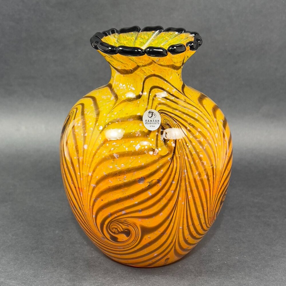 Vtg Fenton Art Glass Dave Fetty 8813 Vase Gold Cut Flowers Signed Sean Fenton 01